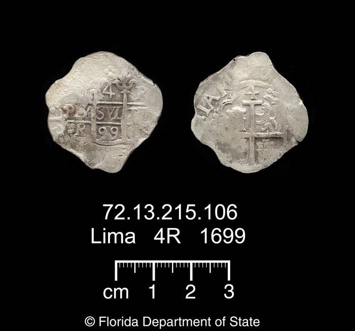 Caption 20- Dated 1699 Four Reales Lima coin, silver.