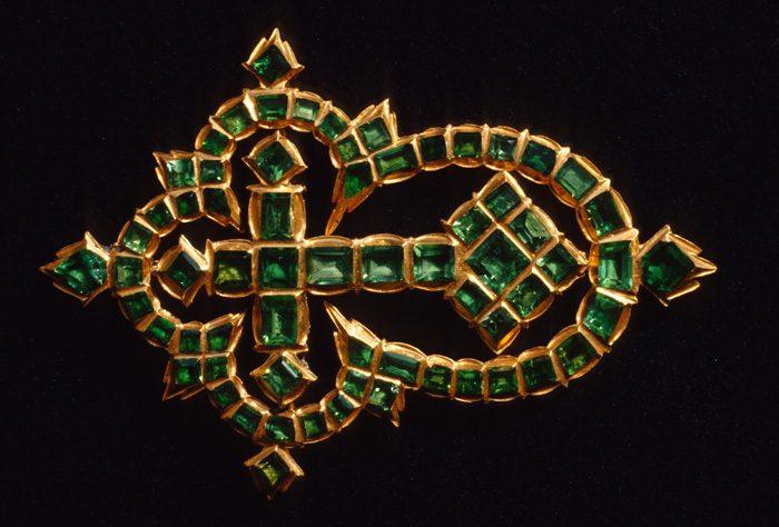 Caption 10- A gold cross of fine workmanship inset with 65 Colombian emeralds. Recovered from the wreck of Nuestra Señora de las Maravillas -1656 