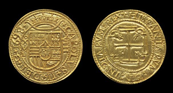 A BEAUTIFUL EXAMPLE OF THE COINER’S ART, this unique Mexican 1698 8-escudo “royal,” attributed to Assayer “L,” resides in the Florida Collection.