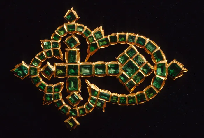 Caption 10- A gold cross of fine workmanship inset with 65 Colombian emeralds. Recovered from the wreck of Nuestra Señora de las Maravillas -1656