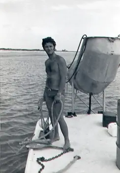 Diver Terry Armstrong on the "Derelict" off the Cabin Wreck, Sebastian, Florida (1968)