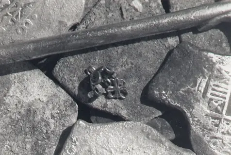 Silver coins, Silver fork an gold link from rosary Cabin Wreck, Sebastian, Florida (1968)